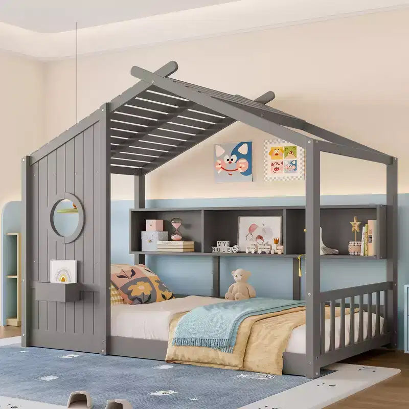 Twin Size Floor House Bed & Kids Montessori Bed, Playhouse Bed with Storage Shelf, Roof Design