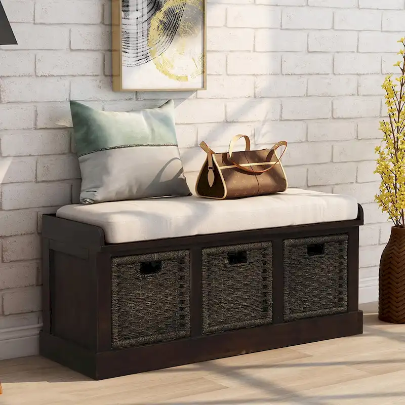 Entryway Bench with 3 Removable Rattan Baskets
