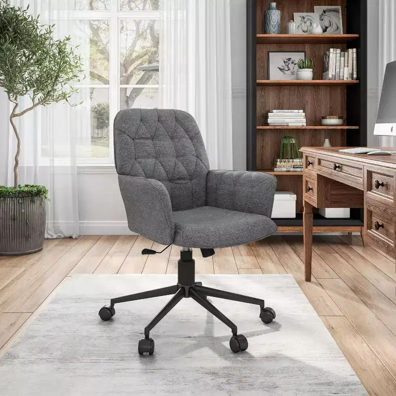 Modern Home Office Desk Chair, Upholstered Tufted Vanity Chair with Arms and Wheels, 360 Swivel Chair for Reading Room, Study, Gray