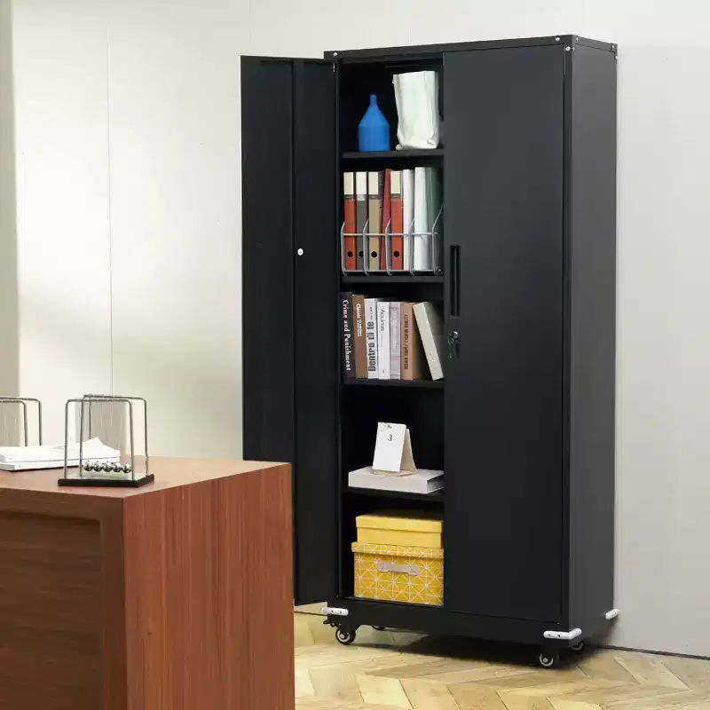 VEVOR Metal Storage Cabinet with Wheels, 75 in Locking Cabinet with 4 Adjustable Shelves & 2 Magnetic Doors, 200 lbs Capacity per Shelf, Black