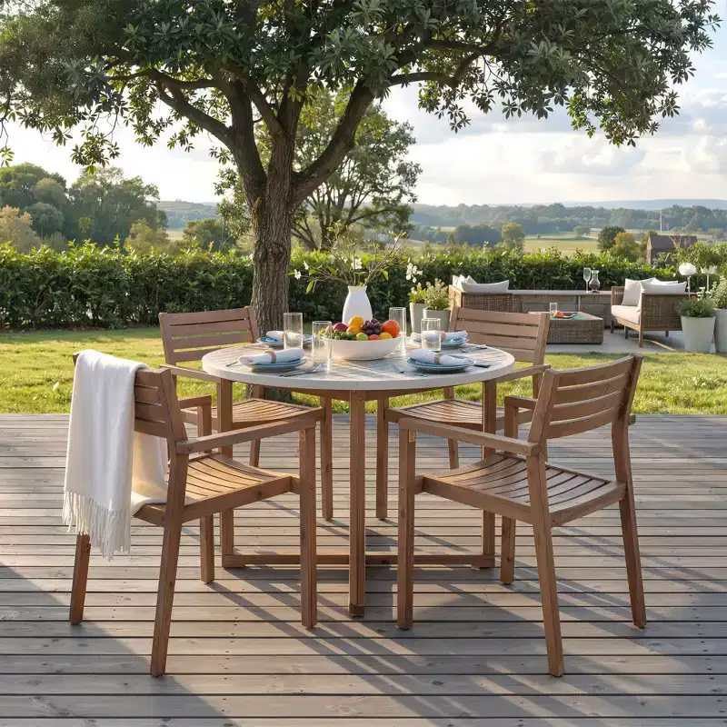 GDFStudio Saul 5 Piece Acacia Wood Outdoor Dining Set with 47.2 Round Slatted Table and Ergonomic Chairs