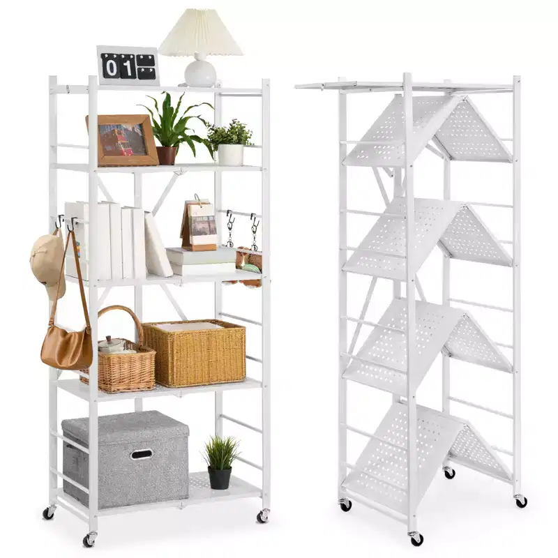 VEVOR 5-Tier Foldable Storage Shelf, 28 W x 15D x 64H Inch Folding Metal Rack Shelving Unit, No Assembly Organizer Shelf with 5 Wheels&4 Hooks,White