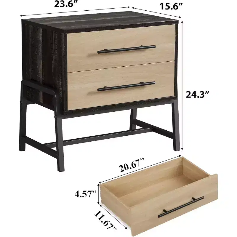 DobleePy 24 Dark Brown Farmhouse Nightstand, 2-Drawer Light Wood Side Table with Metal Legs, Bedroom Living Room Bedside Table