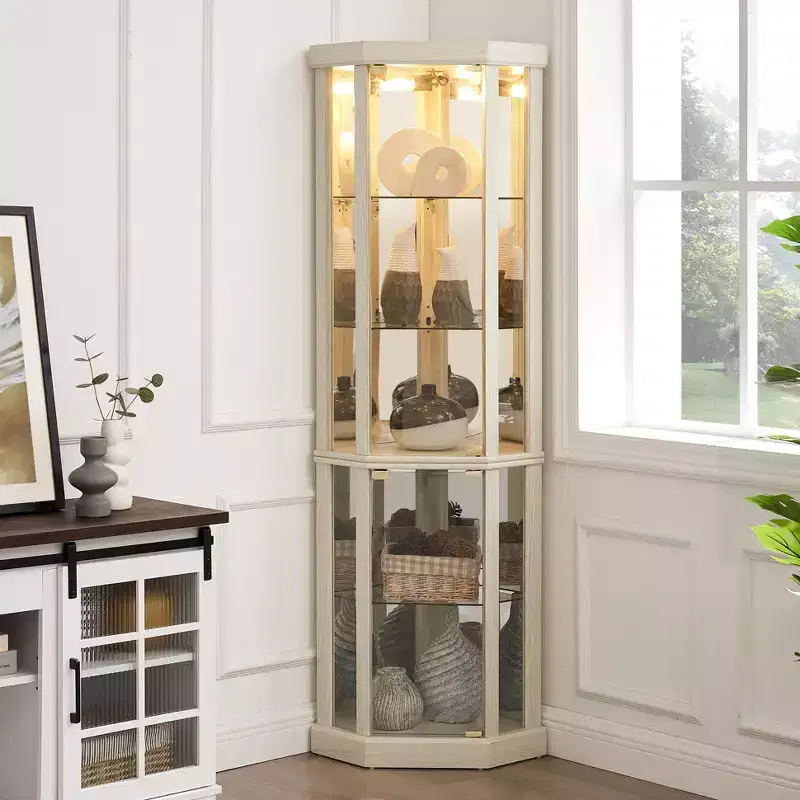 Corner Cabinet, Curio Cabinet with Glass Doors and Shelves, Corner Display Case for Living Room