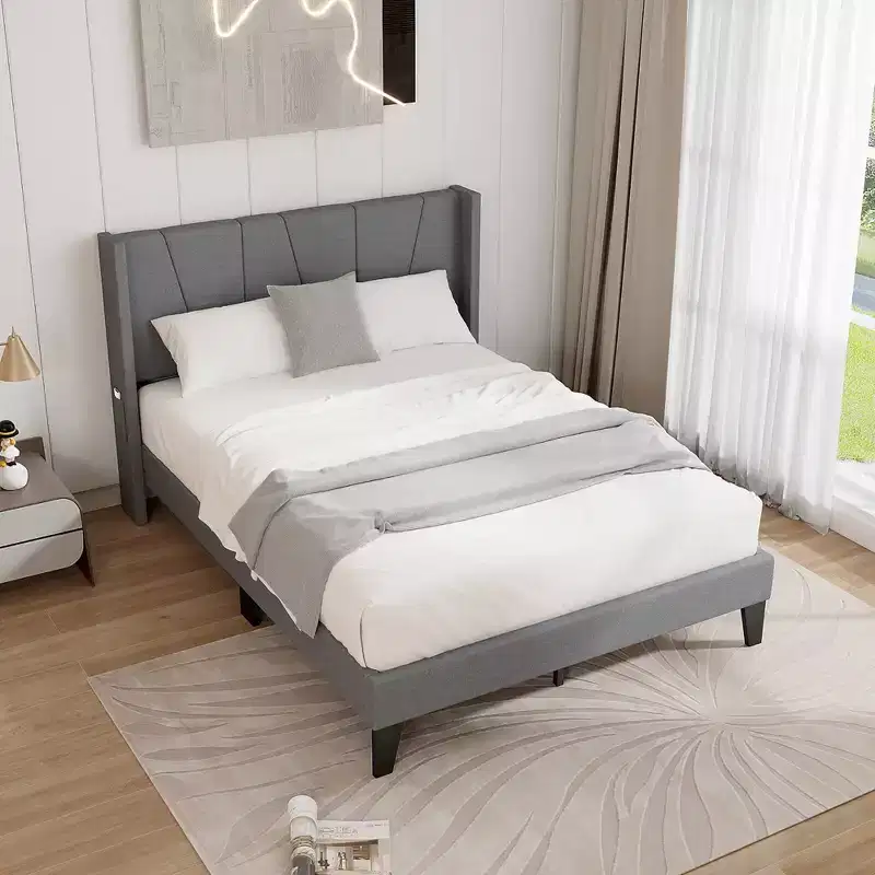 Full Size Upholstered Bed Frame with Elastic Pockets & Mattress Foundation — Gray