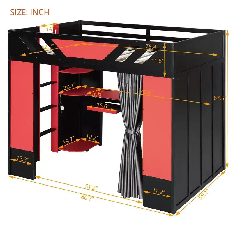 Luxystar Full Loft Bed With Lighted Computer Desk, Keyboard Tray, Storage Shelves and Blackout Curtain
