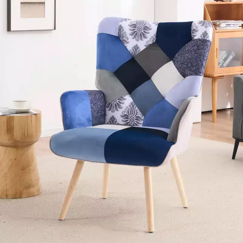 Patchwork Upholstered Wingback Accent Chair, Rubberwood Legs, 330 lb Capacity