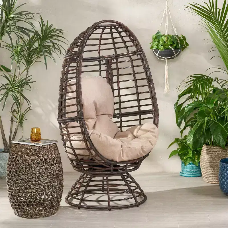 TUYOHW Modern PE Wicker Patio Egg Chair Rattan Accent Chairs,Chic Putdoor Accent Chair for Porch,Backyard & Garden,Brown