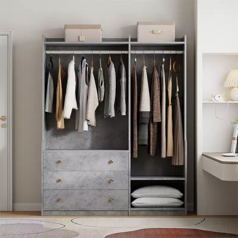 Bedroom particleboard open wardrobe, wood style, multi-zone storage cabinet
