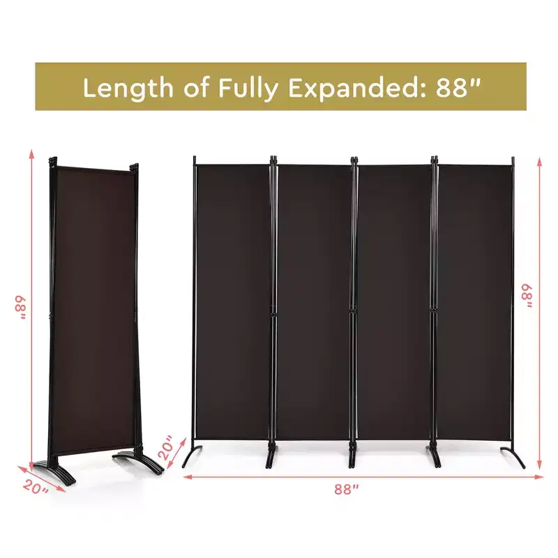 4-Panel 5.6ft Room Divider Folding Fabric Privacy Screen with Steel Frame White/Black/Brown