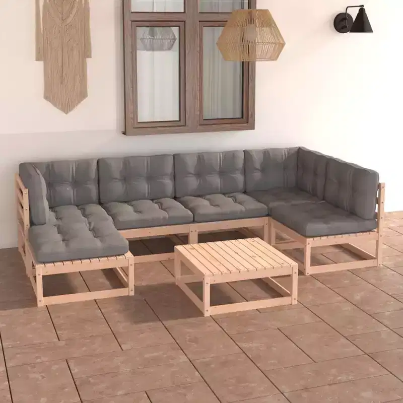 vidaXL Patio Furniture Set 7 Piece Outdoor Sectional Sofa Solid Wood Pine - Natural With Cushion