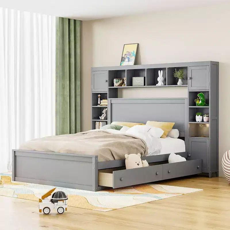 Queen Size Wooden Bed With All-in-One Cabinet Shelf and Sockets Gray
