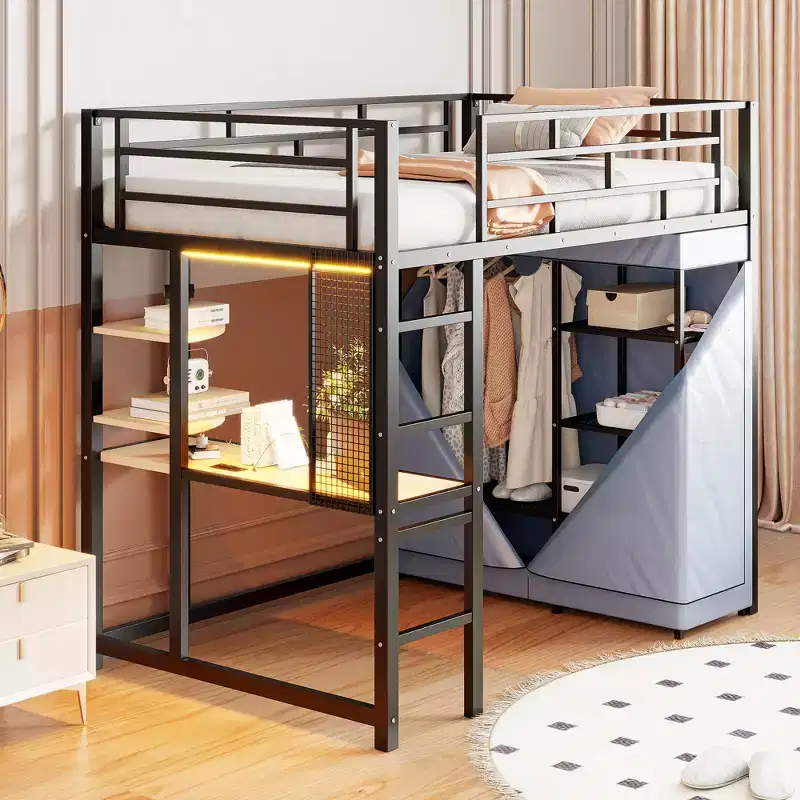 Metal Loft Bed with Wardrobe, Desk, Shelves, Power Outlet and LED Light