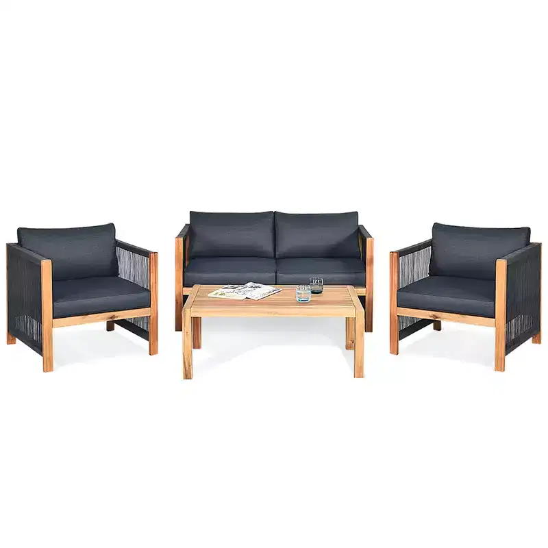 Costway 4PCS Wooden Patio Furniture Set Cushioned Sofa W/Rope Armrest White\Turquoise\Red