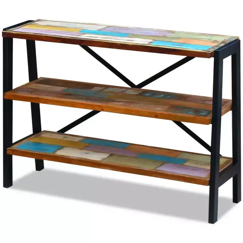 Solid Reclaimed Wood Sideboard with Steel Frame, 3 Open Shelves, Handmade Vintage Style