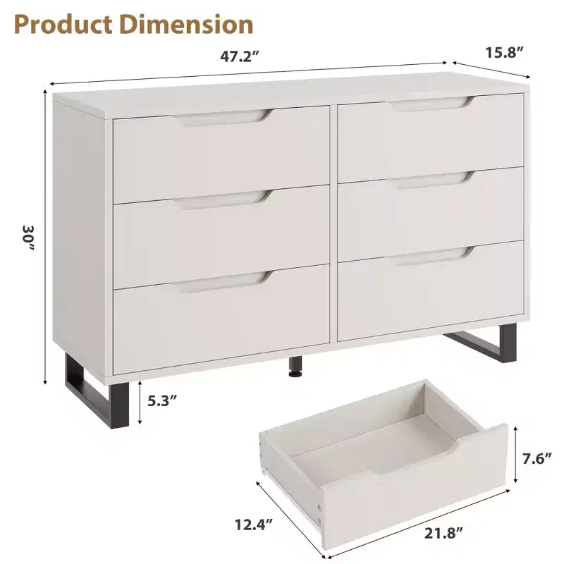 COZONY 6 Drawer Dresser 47.2 Wide Wooden Storage Cabinet, Freestanding Chest with Large Storage for Bedroom, Living Room, Hallway, White