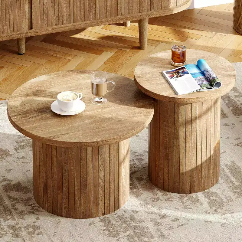 AMERLIFE Rustic Nesting Coffee Table Set, Round Wood Finish Side Tables for Living Room