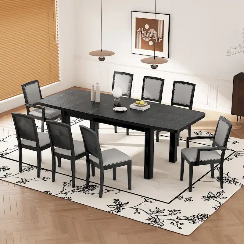 7-Piece Wooden Dining Table Set with Extendable Table, 6 Armless & 2 Armchairs