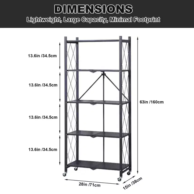 CuisinSmart 5-Tier Folding Storage Shelves With Wheels, Heavy Duty Folding Shelves- for Storage Books, Kitchenware, for Kitchen Pantry Balcony