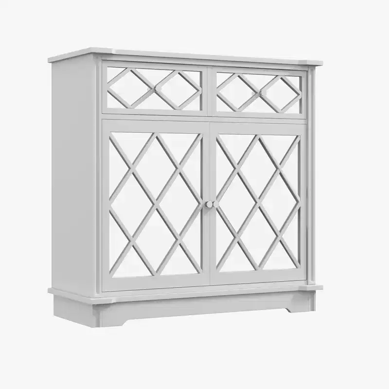 Accent Sideboard Buffet Cabinet with 2 Decorative Mirror Doors & 2 Slide-Out Drawers, Modern Display Storage Cabinet for Living Room, Bedroom