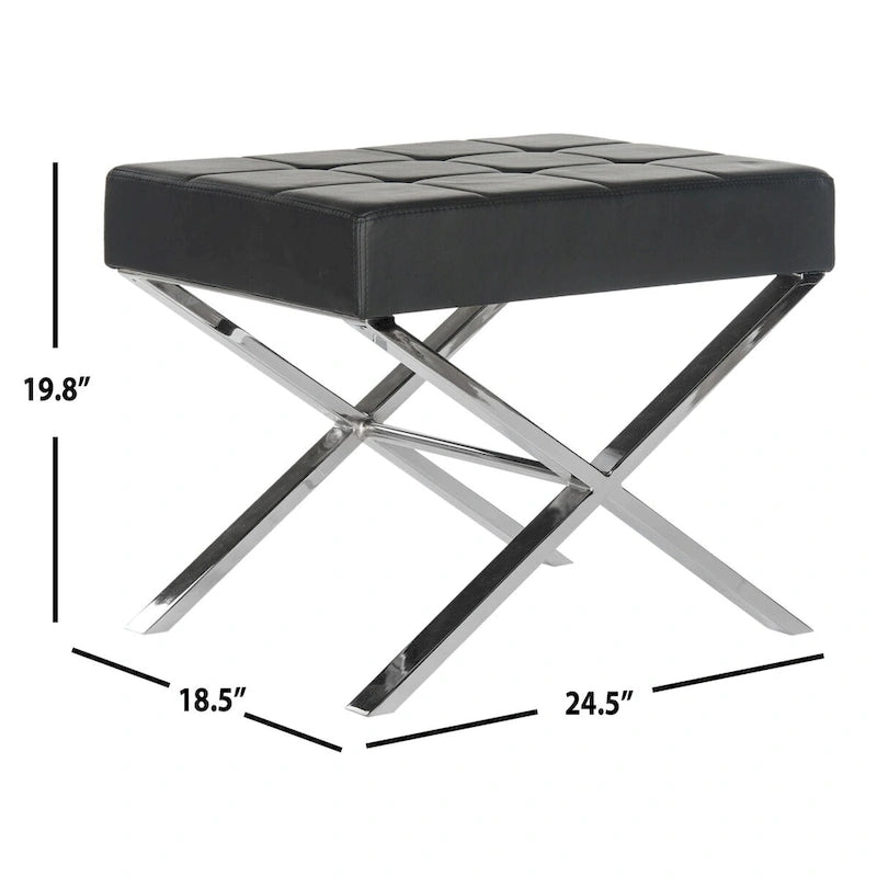 Modern Tufted Leather Ottoman with X-Frame Chrome Base