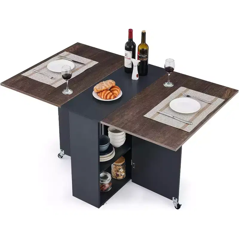 GustoWave Space Saving Folding Dining Table with 2 Tier Storage-Extendable, Collapsible Expandable Rectangle Dinner Kitchen Office Furniture
