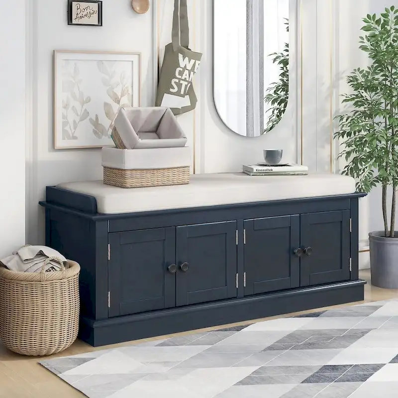 42.70 Modern Versatile Entry Upholstered Storage Bench with 4 Doors, Adjustable Shelves and Shoe Racks