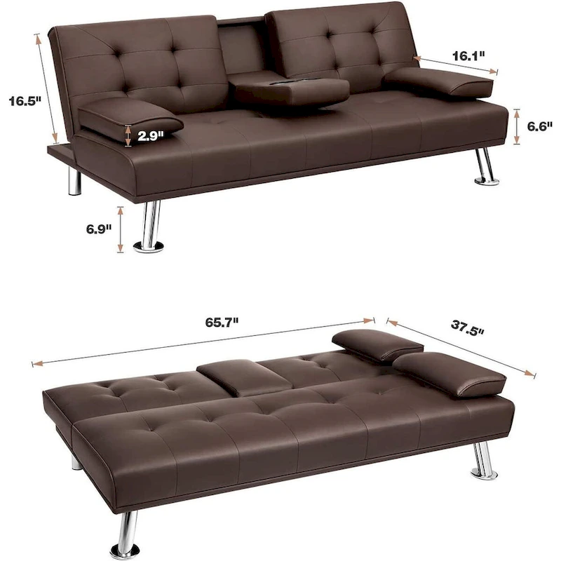 Furniwell Modern Faux Leather Futon with Cup Holders & Pillows, 65