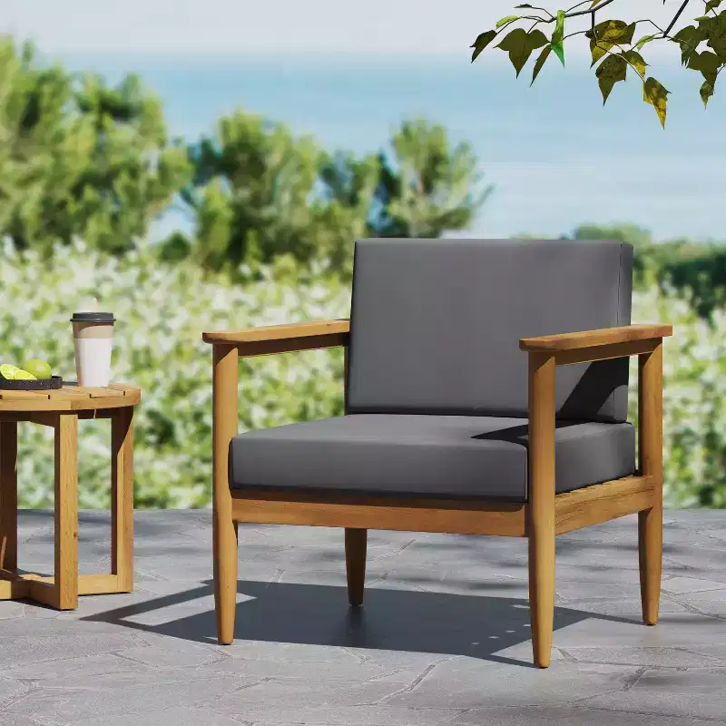 GDFStudio Plumb Outdoor Acacia Wood Club Chair with Gray Water Resistant Cushions