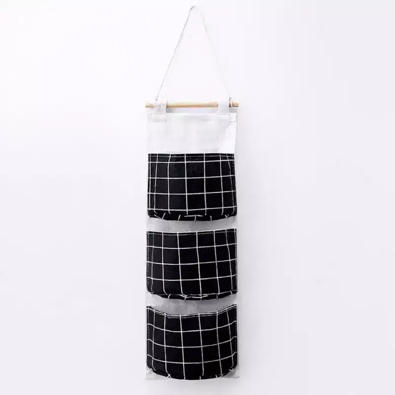 Hanging Wall Organizer with Three Pockets and Black Grid Pattern, 22.5x7.8 in