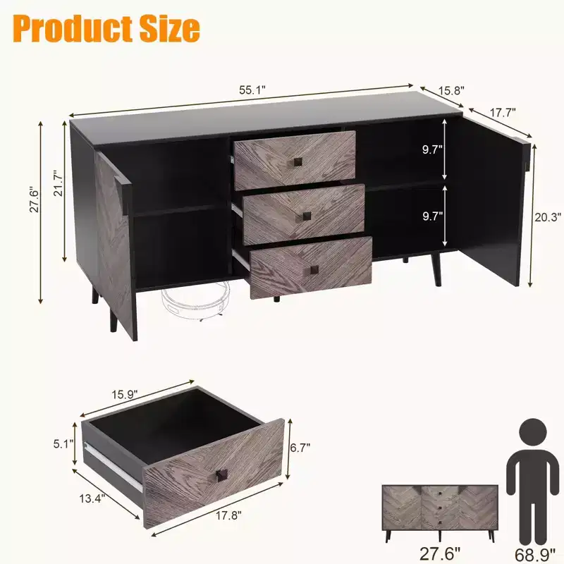 55.1 W Walnut Wood Storage Cabinet w/3 Drawers & 2 Doors, Contemporary Freestanding Storage Accent Cabinet for Living Room, Dining Room