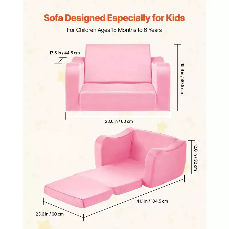 in 1 Kids Sofa Fold Out Toddler Couch Convertible Chair to Lounger with Armrests Pink