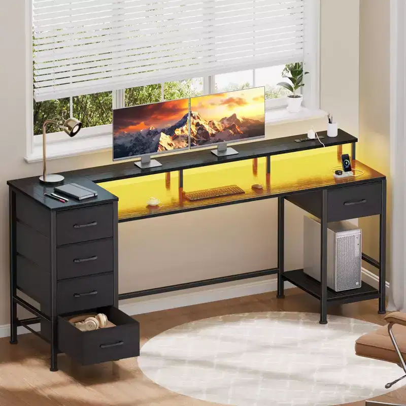 61 Inch Black Computer Desk with Charging Station Gaming Desk LED Lights Reversible 5 Fabric Drawers Home Office Writing Table Study Storage