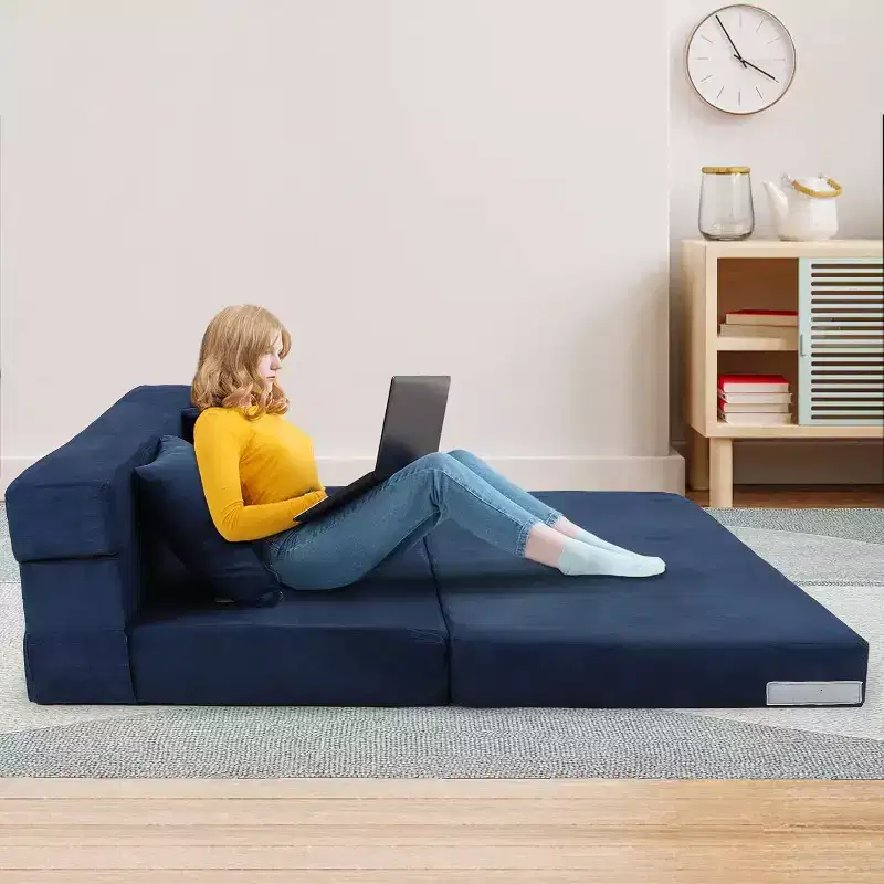 Folding Sofa Mattress, Convertible Queen Memory Foam Sofa Bed with Pillow, Linen Futon Floor Couch for Living Room or Guest Room