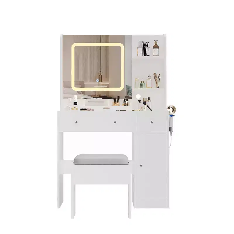 Vanity Desk with Sliding Mirror, Makeup Desk and Stool with Lights in 3 Colors, Girls Vanity Table with Charging Station for Bedroom