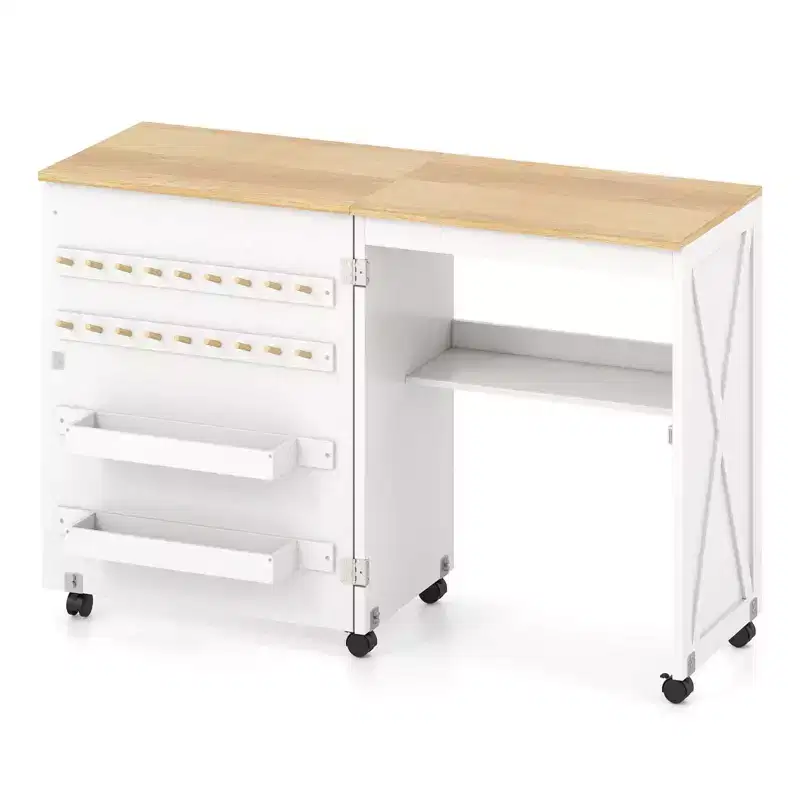 Costway Folding Sewing Table w/ Compact Design Storage Shelf 2 Trays and 18 Pegs