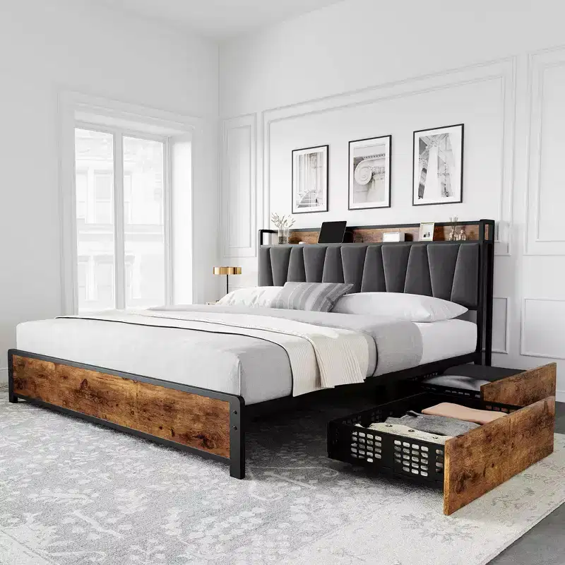 Bed Frame, King Bed Frame - with 4 Storage Drawers, Upholstered Charging Headboard, Heavy Duty Metal Platform, Noise Free (Rustic Brown)