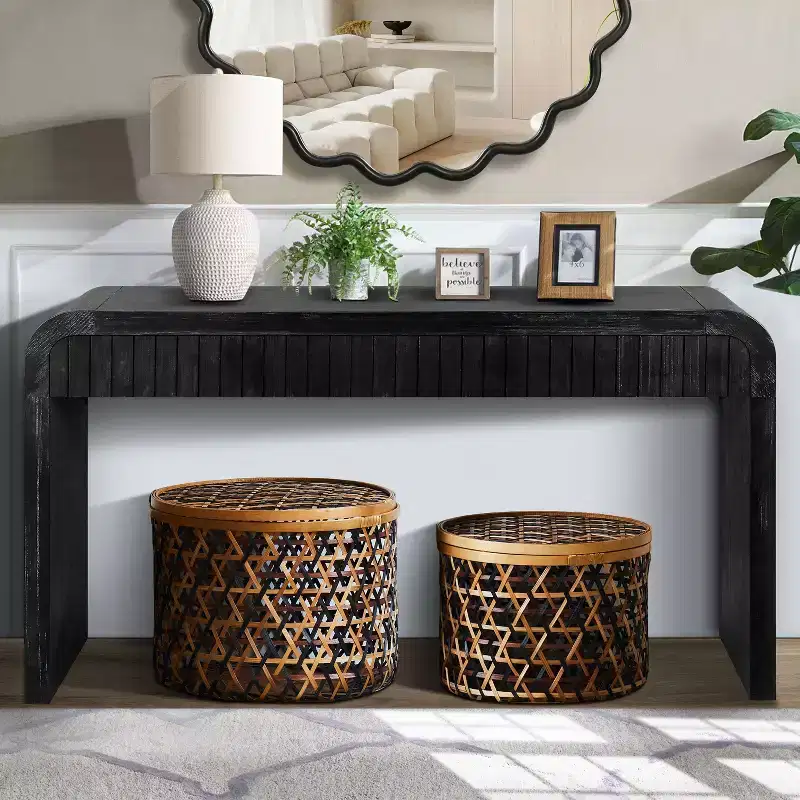 Okak 59IN Farmhouse Curved Entryway Table, Console Table with 2 Hidden Handle Drawers, Hallway Table for Livng Room, Dining Room