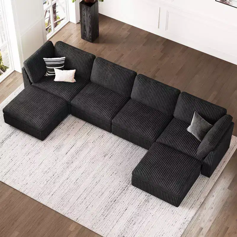 Belffin U-Shaped 6-Seater Corduroy Sectional - Modular Sofa with Storage Ottoman & Convertible Design