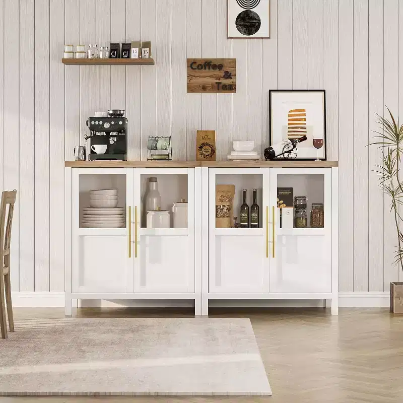 29 Wide Modern Storage Cabinet with Glass Doors  Versatile Buffet Sideboard for Kitchen, Living Room, and Dining Room - White