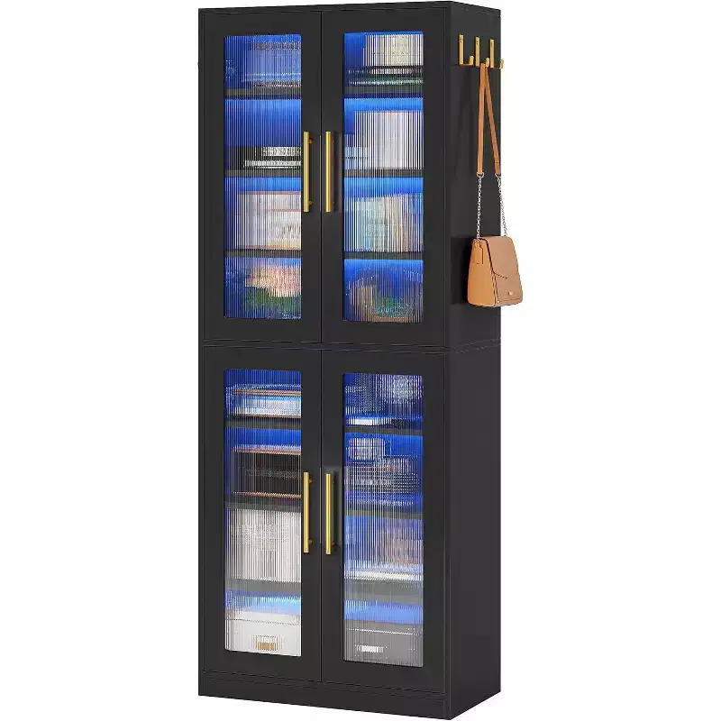 Lantine Bookcase with Doors and LED Light, 67-inch Tall Bookshelf with 8-Tier Adjustable Shelves and Hanging Hooks