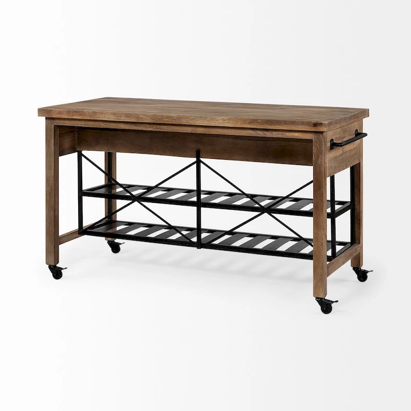 Stuart I Brown Solid Wood Top Two-Tier Black Metal Rolling Kitchen Island - 28.0L x 60.0W x 34.0H