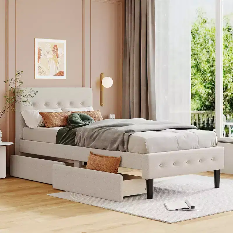 Twin Size Upholstered Platform Bed with 2 Storage Drawers, Twin Wooden Bed Frame for Bedroom
