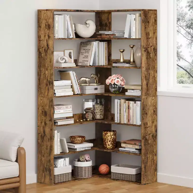 Corner Bookshelf, Large Corner Bookcase, 6 Tier Tall Bookshelf w/Baffles, L Shaped Book Shelf Industrial Etagere Book Shelves for Living Room