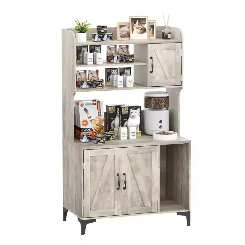 Large Cat Litter Box Enclosure Furniture with 3 Open Shelves, Farmhouse Style Pet House with Storage Cabinet & Scratch Pad