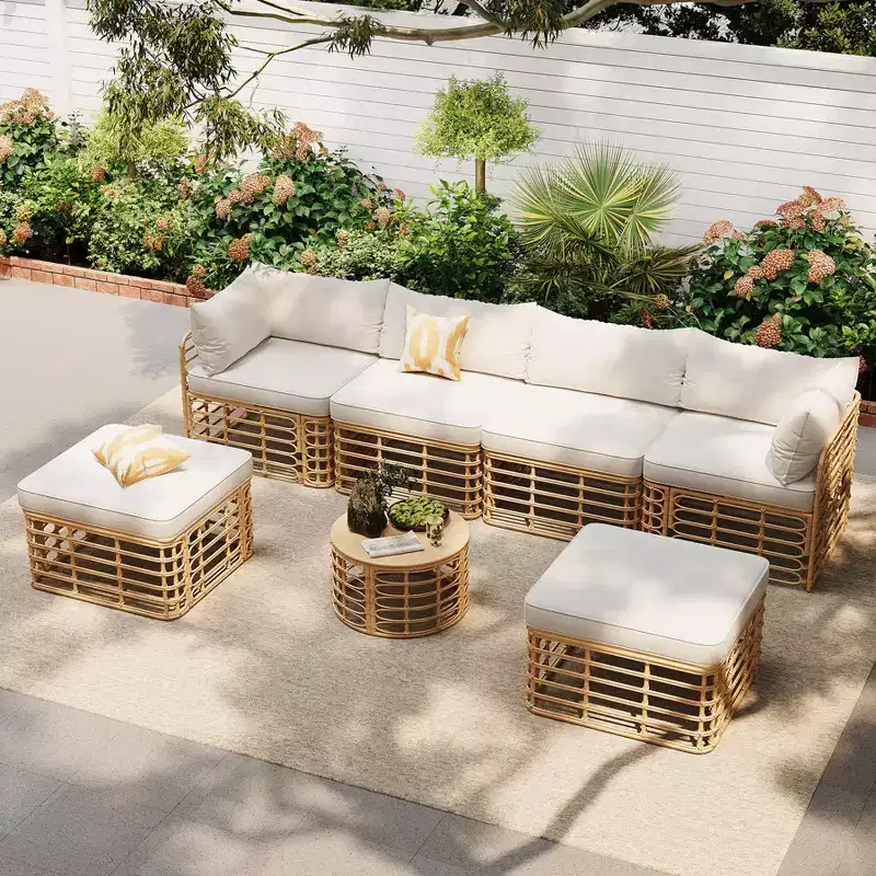 Whisen Weather-Resistant Rattan Outdoor Sectional Sofa Set Patio Couch Set with Thick Cushions and Pillows, Freely Combined Conversation Sets