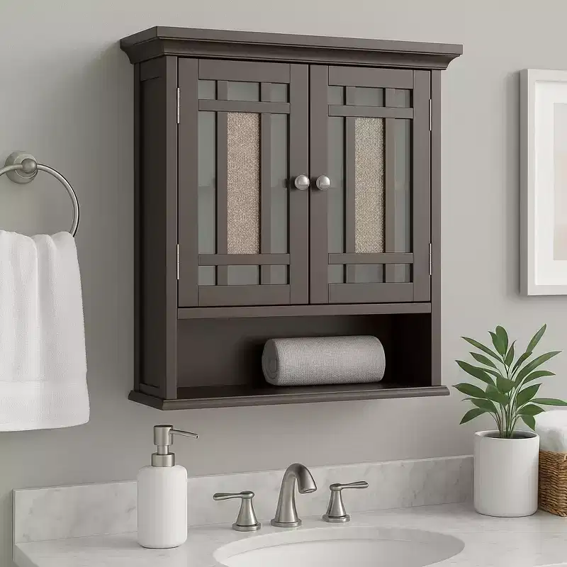 Two-Door Wall Cabinet with Glass Mosaic Doors in Dark Espresso