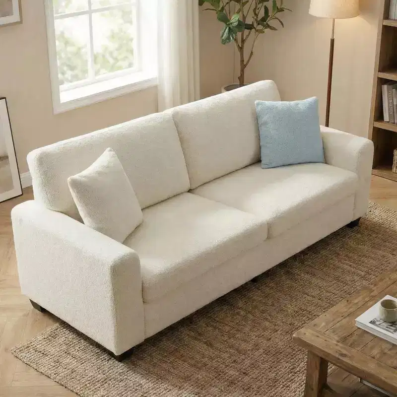 Beige / Green Velvet 3-Seater Sofa with Wide Armrests & Pillow Back