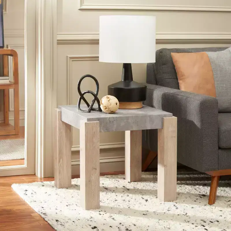 Industrial Square End Table, Faux Concrete Veneer Top, Light Grey/Natural