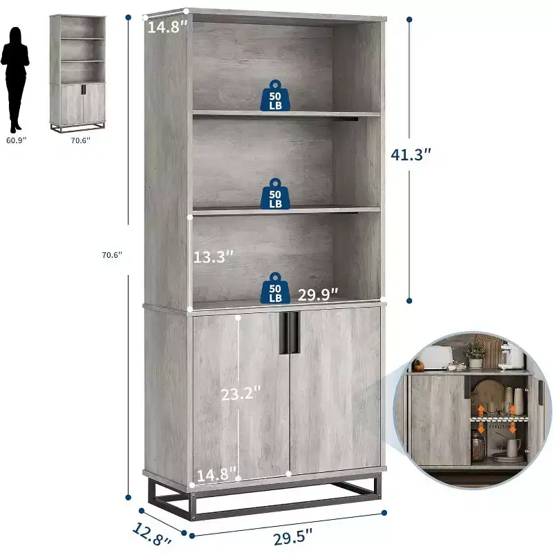 Farmhouse Bookshelf with Doors, Metal Base, 3 Open & 2 Hidden Shelves, Waterproof Scratch-Resistant
